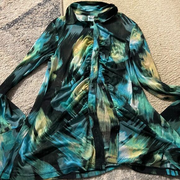 WOMENS LONG SLEEVE TOP BUTTON UP RUCHED TIE DYE SEMI SHEER FUTURE COLLECTIVE M - Picture 5 of 10